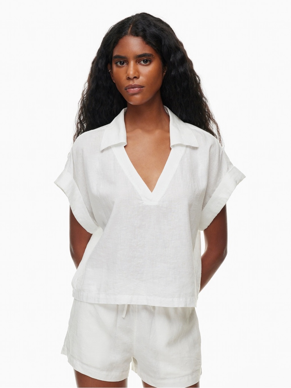 100% Linen V-Neck Short Sleeve Top